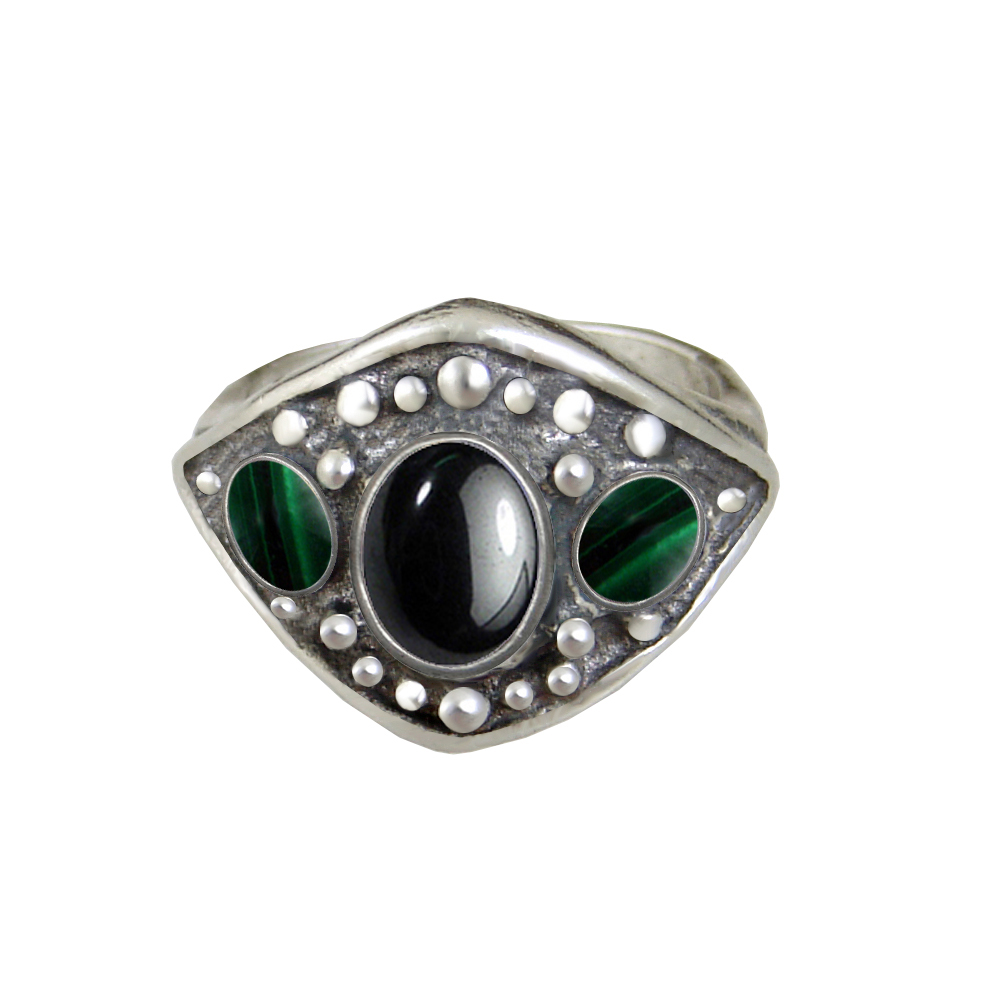 Sterling Silver Medieval Lady's Ring with Hematite And Malachite Size 9